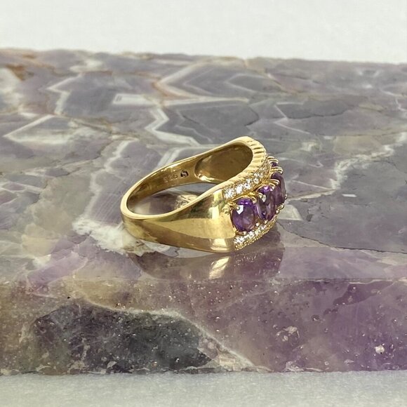 Gold Vermeil Sterling Silver 925 Prong Set Oval Amethyst CZ Wide Band Ring Sz 9 - Picture 5 of 16